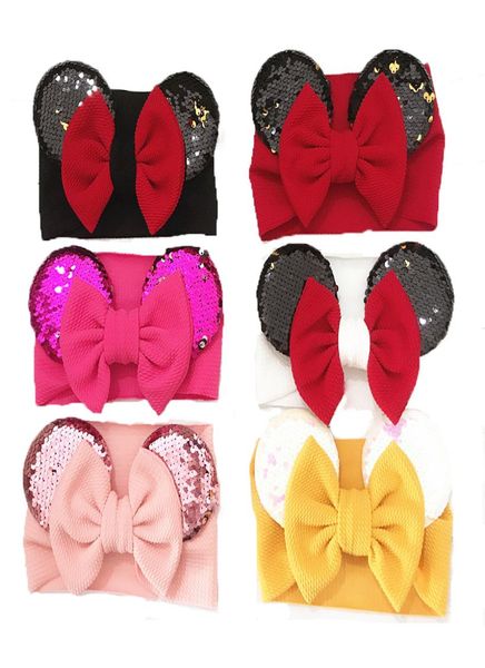 

baby girls sequin bow designer headbands nylon turban infant elastic mouse ears hairbands children headwear kids hair accessories 1377695, Slivery;white