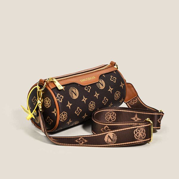 

trendy old flower cylinder bag female autumn winter new wide shoulder belt diagonal single shoulder bag pillow bag