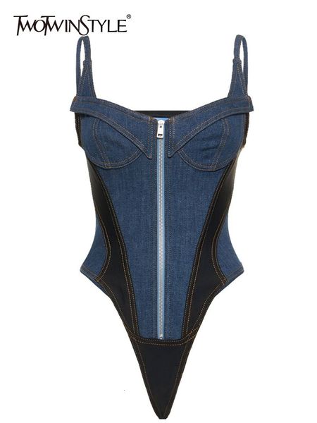 

women's jumpsuits rompers twotwinstyle patchwork zipper playsuits for women square collar sleeveless high waist bodycon summer playsuit, Black;white