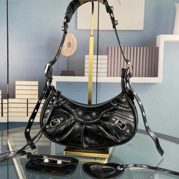 

motorcycle handbag crossbody bag half moon armpit bags genuine leather handbags purse classic letter nails decor adjustable strap card holde