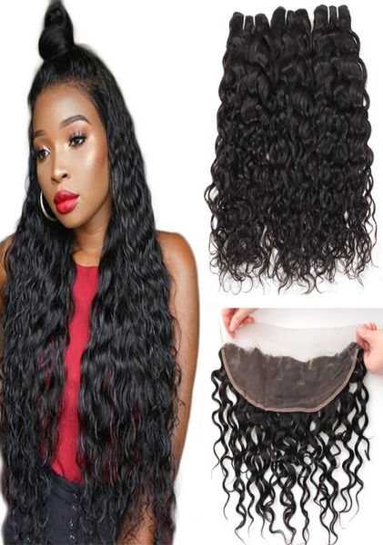 

8a brazilian virgin human hair 3bundles with 13x4 ear to ear lace frontal water wave deep loose wave kinky curly human hair bundle4538793, Black