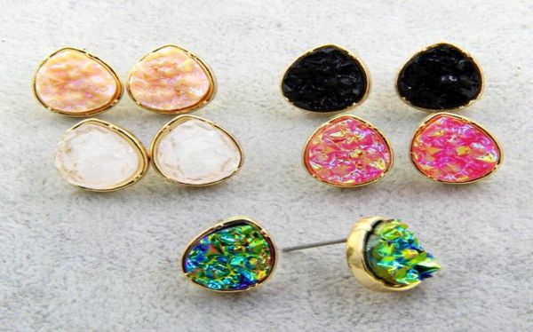 

mini waterdrop resin druzy drusy stud earrings fashion brand designer jewelry fantasy star color rock effect for women9805175, Golden;silver