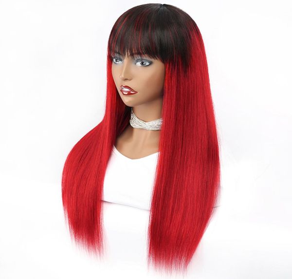 

dark roots red machine made glueless wigs with fringe for black women 1b red straight raw indian remy human hair colored front wig6173221, Black;brown