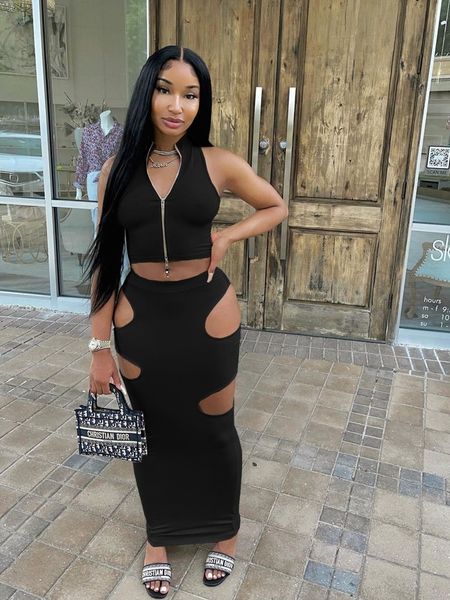 

basic casual dresses haoyuan two piece set sleeveless zip crop cut out bodycon long skirts for women summer outfits club matching dress sets, Black;gray