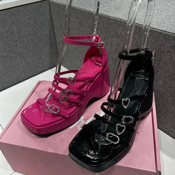

2023 summer denim wedge heel crystal platform sandals women thick sole ankle buckle sandalias party dress pumps, Black