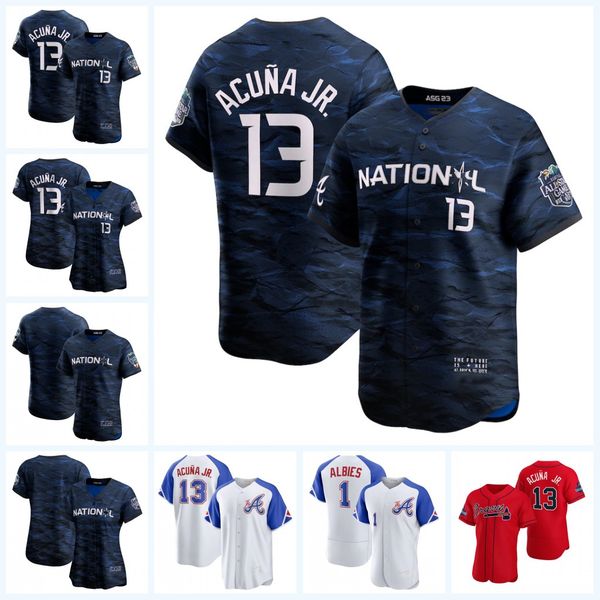 

ronald acuna jr. 2023 all star baseball jersey 27 austin riley matt olson michael harris ii atlanta hank aaron braves ozzie albies max fried, Blue;black