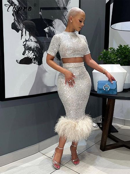 

two piece dres sequins skirt 2piece set female cropped slim blouse hemline artificial feather bodycon suits streetwear 230630, White