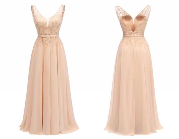 

2021 v neck champagne lace bridesmaid dresses a line long chiffon appliques lace pearl beaded formal wedding party dress maid of h7863245, White;pink