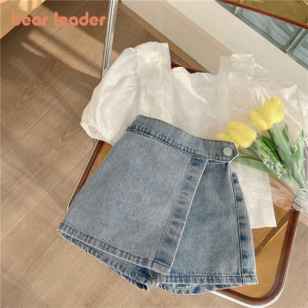 

clothing sets bear leader girls suit summer korean sweet lace hollow shirt fake two denim shorts kids clothes 230630, White