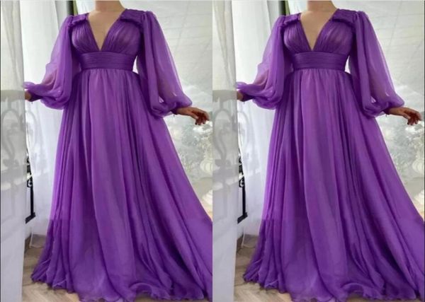 

simple elegant purple chiffon aline prom dresses long puff sleeves v neck draped empire floor length formal evening dress party g8912770, Black;red