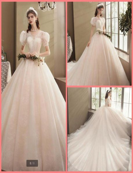 

2020 new arrival champagne lace ball gown wedding dress exquisite princess puffy short sleeve bridal gowns court train bride 7242239, White