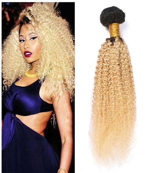 

afro kinky blonde human hair bundles 3pcslot brazilian virgin hair weaves 1b 613 blonde two tone kinky curly dark roots hair bund7757357, Black;brown