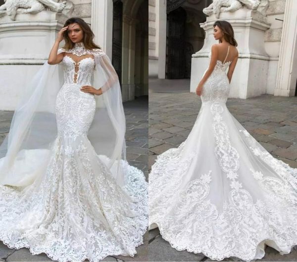 

2019 vintage mermaid lace wedding dresses with cape sheer plunging neck bohemian wedding gown appliqued plus size vestidos de novi8639201, White