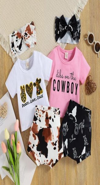 

kids clothing sets girls boys outfits infant letter print cows shortsbow headband 3pcsset summer fashion boutique baby clot6215803025, White