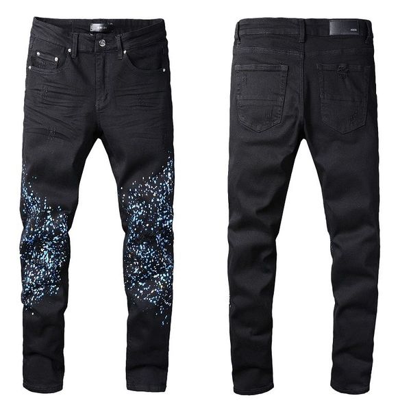 

mens jean distressed ripped bikers man luxury designer jeans slim fit motorcycle biker denim for men s black pour hommes ami#07, Blue