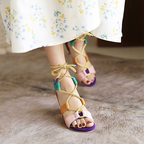 

summer solid high sandals shallow cut lace up color matching heels side hollow round toe women's shoes, Black