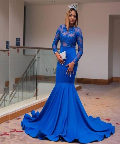 

royal blue mermaid prom dresses jewel long sleeve sweep train appliques illusion formal women evening gowns vestidos formales para6473295, Black