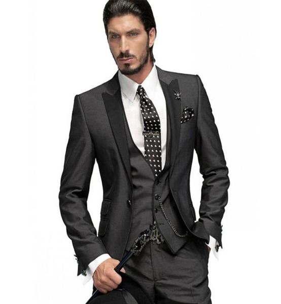 

groom tuxedos slim fit one button charcoal grey peak black lapel groomsmen men wedding suits jacket pants tie vest 9936298, Black;gray