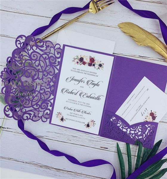 

shimmery purple laser cut pocket wedding invitation suites customizable invites with respond card and envelope 4063004, Black