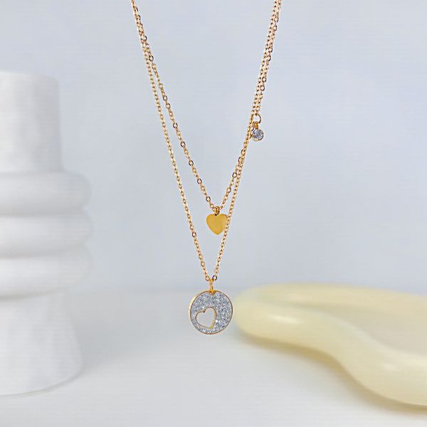 

fashion niche titanium steel double-layer love cross-border everything stainless steel holloway full diamond necklace female, Silver