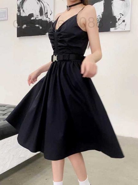 

basic & casual dresses designer 23 summer new small triangle v-neck strap sleeveless women's dress pleated belt slim long lobg, Black;gray