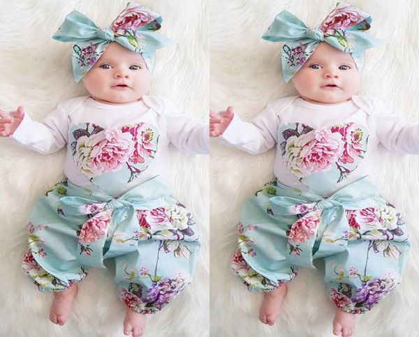 

baby newborn toddler long sleeve flower clothing set baby romper pantsheadband 3pc girls outfits clothes9037081, White