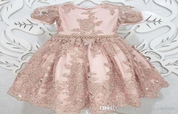 

classy pink pearls lace ball gown flower girls dresses for wedding appliques birthday gowns floor length tulle first communion dre4945211, White;blue