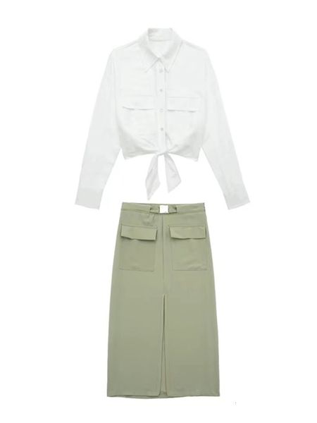 

basic casual dresses traf fashion women solid skirts sets 2023 summer female elegant single breasted bow shirts mid calf a line with belt 23, Black;gray