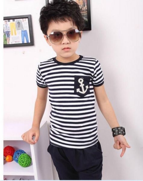 

children039s clothing summer new anchor black and white striped tshirt cotton children039s clothing 27 years old children8012283, Blue