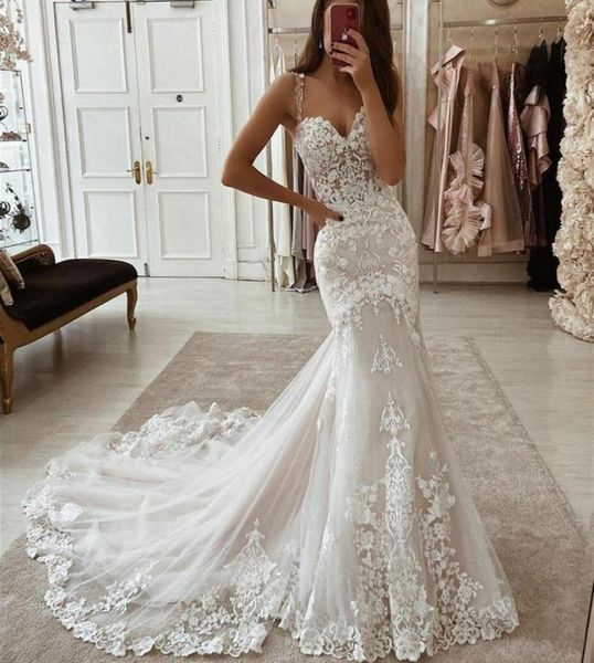 

vintage mermaid sweetheart v neck bridal gowns tiered skirt ruffles princess trumpet vestidos de novia wedding dresses2291092, White