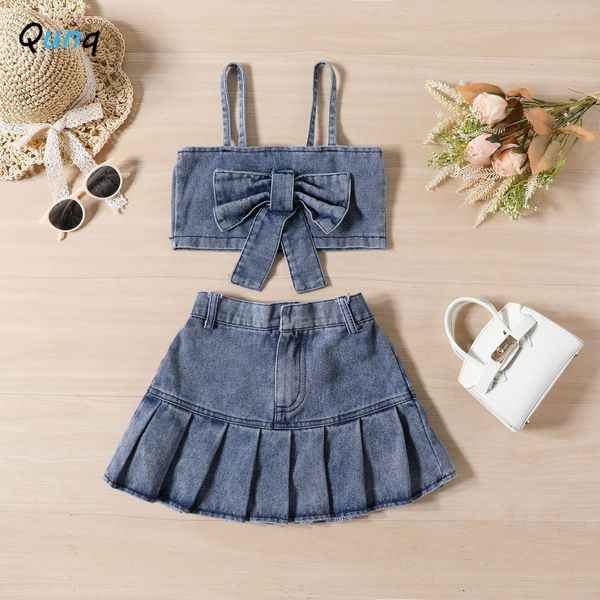 

clothing sets qunq 2023 summer ins girls lovely cowboy sling bow pullover pleated skirt 2 pieces set casual kids clothes age 3 t 8t 230630, White