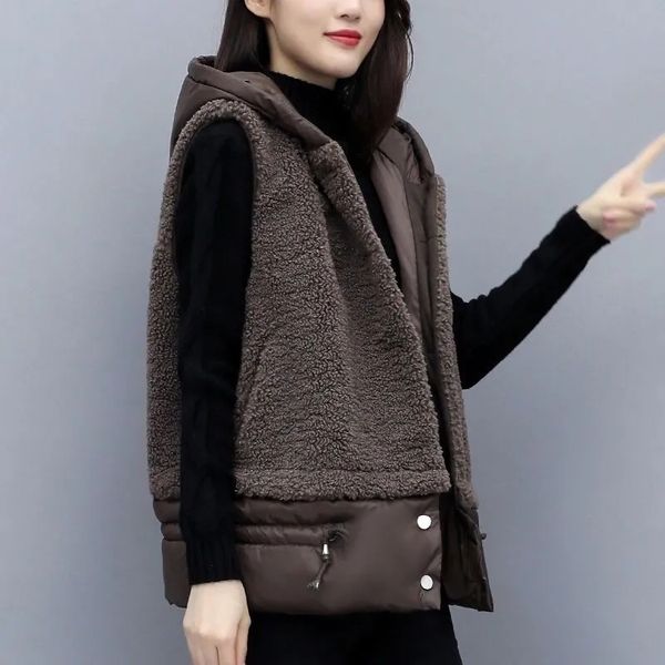 

women's jackets hooded lamb wool vest jacket women clothing autumn winter sleeveless casual thick gilet femme hiver loose zipper warm w, Black;brown