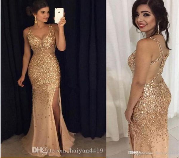 

new gold luxury prom dresses deep v neck crystal beaded illusion side split mermaid tulle evening party gowns formal evening 7999337, Black