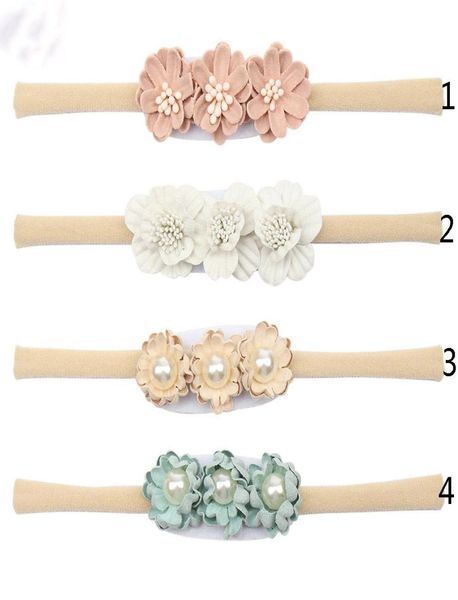 

flower headband with high elastic band newborn pearl nylon headband artificial flower kids hair accessories5157119, Slivery;white