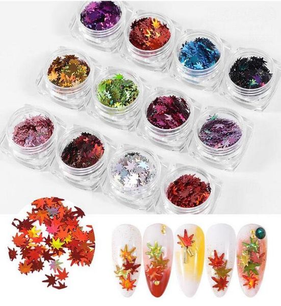

12boxset maple leaf sequins holographic fall leaves flakes stickers laser nail glitters paillette manicure nail art decorations f7403038, Silver;gold