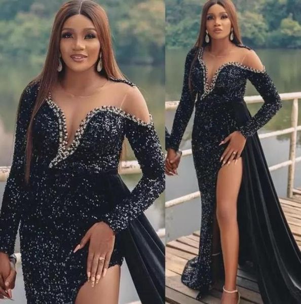 

2022 sparkly black sequins prom dresses illusion side split keyhole mermaid formal party dress evening gowns african aso ebi 7258223