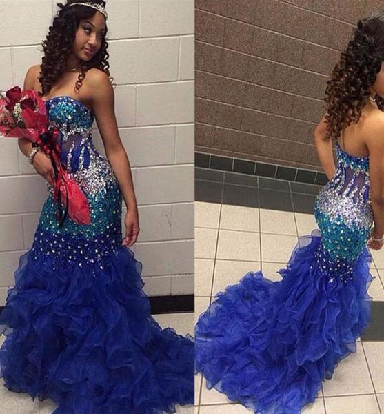 

trapless mermaid evening dresses with beads rhinestones organza ruffled see through royal blue prom dress 2019 vestidos fiesta c3390718, Black
