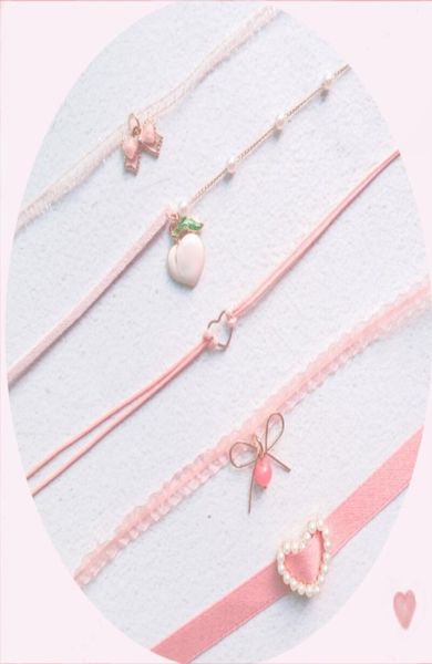 

sweet pink lace velvet choker necklaces bowknot heart pearl bead pendants collar chokers clavicle necklace girly harajuku style1461248, Golden;silver
