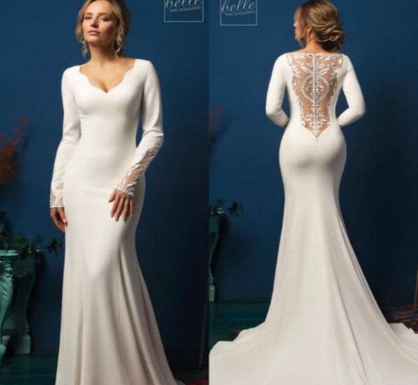 

2020 modest mermaid wedding dresses sweep train lace satin v neck long sleeve bridal gowns custom made simple country wedding dres8152525, White
