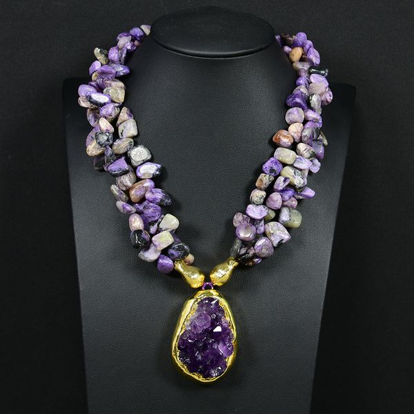 

3 rows purple charoite gems funcy beads necklace gold color amethyst quartz rough nugget pendant women gifts, Silver