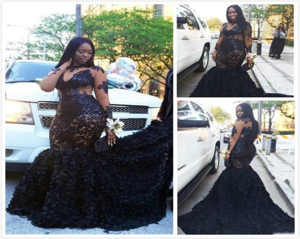 

african plus size prom dresses long appliques sheer neckline mermaid evening gowns sleeves tiered black girls formal dresses eveni8718998