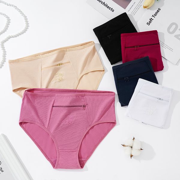 

women's panties with zipper big size female cotton underwear with pocket novel design breathable ladies briefs m1198, Black;pink