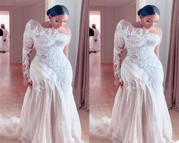 

real image plus size mermaid wedding dress one shoulder ruffles appliqued lace bridal dresses custom made gorgeous sweeptrain robe4806937, White