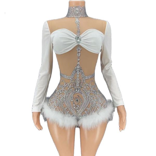

urban dresse stage sparkly long sleeve transparent feather bodysuit birthday party nightclub leotard wear 230630, White;black