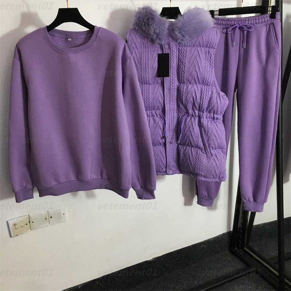 

sport winter jacket three piece outfit removable fur collar padded long sleeve sweatshirt drawstring waistband hooded vest elastic waist pad, White