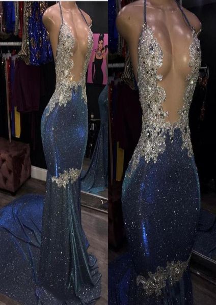 

mermaid prom dresses expensive bling sequins satin applique beaded halter v open back black girls evening african party dress7347645, Black;red