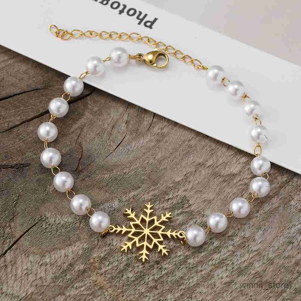 

charm bracelets stainless steel bracelets delicate snowflake fashion pearl chains charms bracelet for women jewelry gifts r230701, Golden;silver