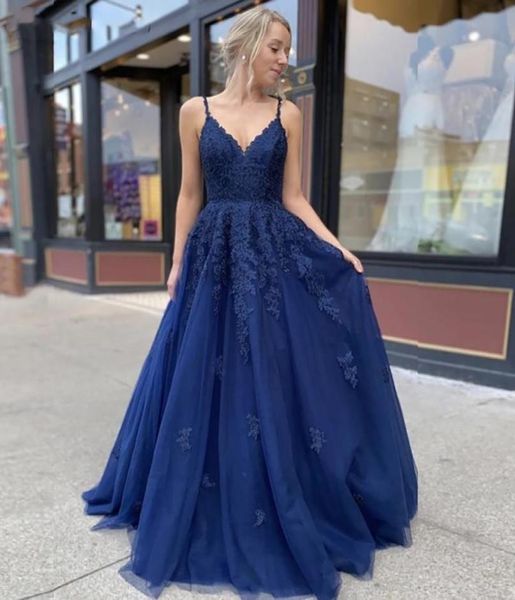 

navy blue prom dresses long spaghetti strap lace up back a line appliques formal women evening gown vestido de fiesta8449156, Black