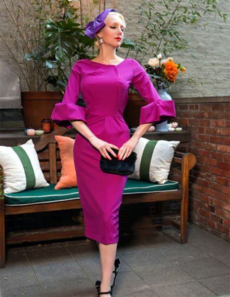 

vintage tea length mother of the bride dresses with puff sleeves fuchsia sheath elegant simple satin guest wedding party gowns for women gro, Black;red