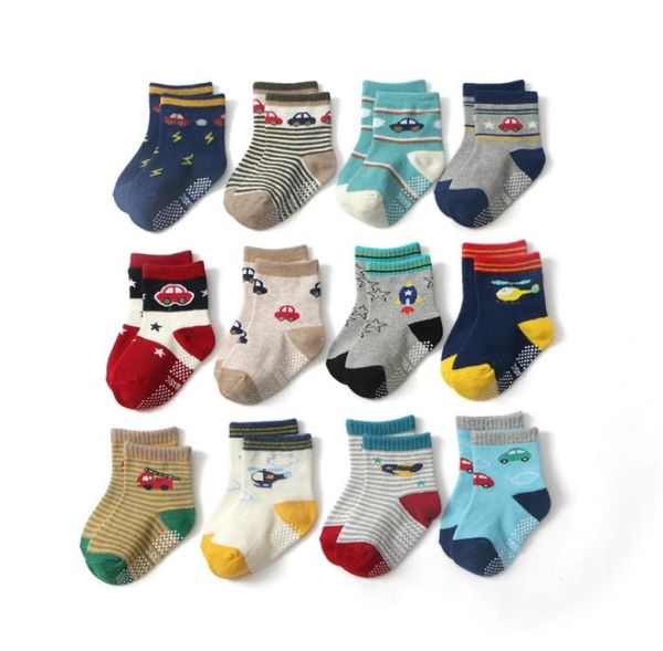 

kids ins colorful cartoon car printed cotton socks 12 colors boys fashion cute striped floor socks antislip baby knitting socks7838864, Pink;yellow